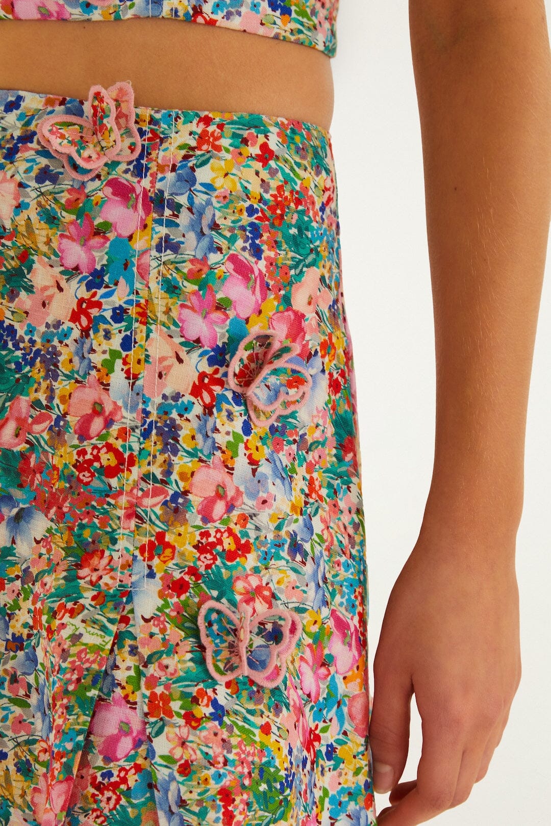 Off-White Peasant Floral Butterflies Euroflax Premium Linen Maxi Skirt - FARM Rio PEASANT FLORAL OFF-WHITE