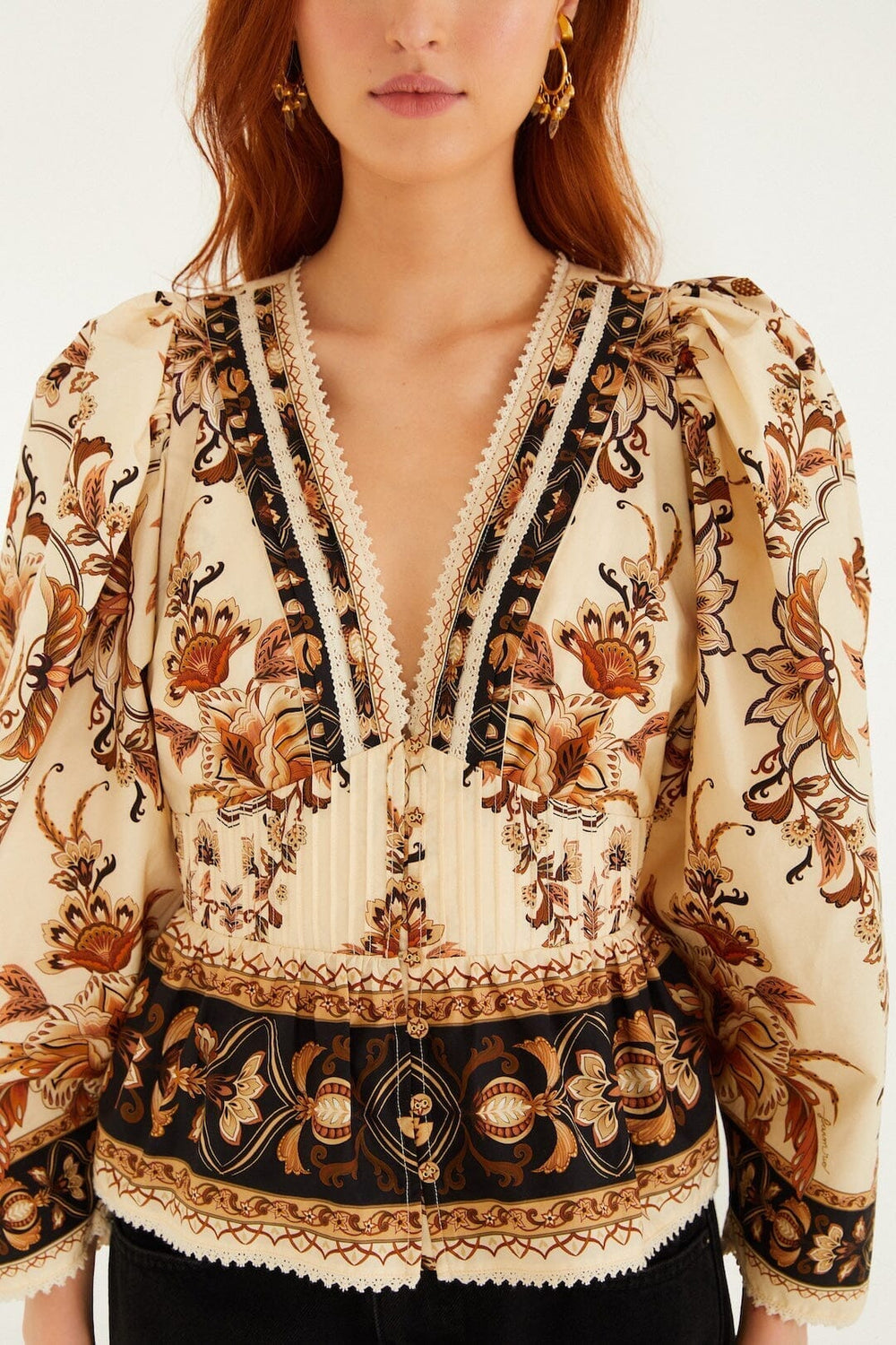Sand Majestic Garden Lace Puff Sleeve Organic Cotton Blouse - FARM Rio MAJESTIC GARDEN SAND