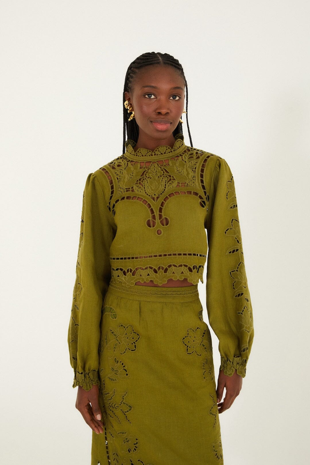 Green Majestic Garden Euroflax Premium Linen Richelieu Blouse - FARM Rio GREEN