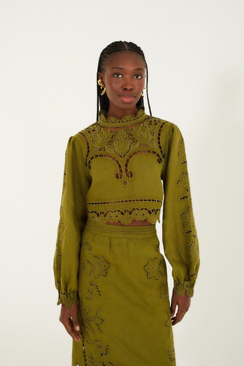 Green Majestic Garden Euroflax Premium Linen Richelieu Blouse - FARM Rio GREEN