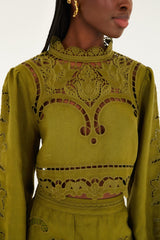Green Majestic Garden Euroflax Premium Linen Richelieu Blouse - FARM Rio GREEN