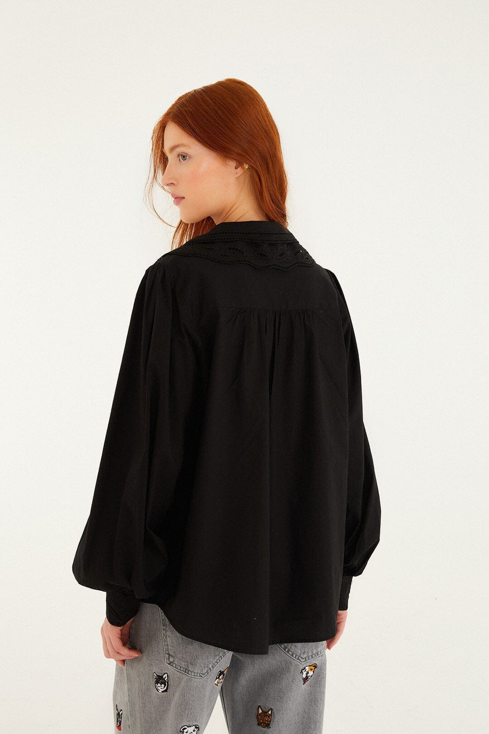Black Embroidered Buttoned Puff Sleeve Shirt - FARM Rio BLACK