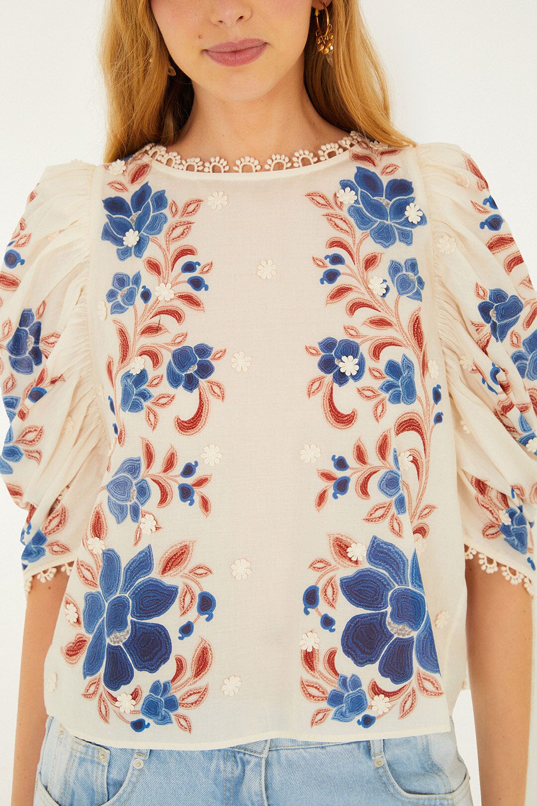 Sand Renata Floral 3d Puff Sleeve Blouse - FARM Rio RENATA FLORAL SAND