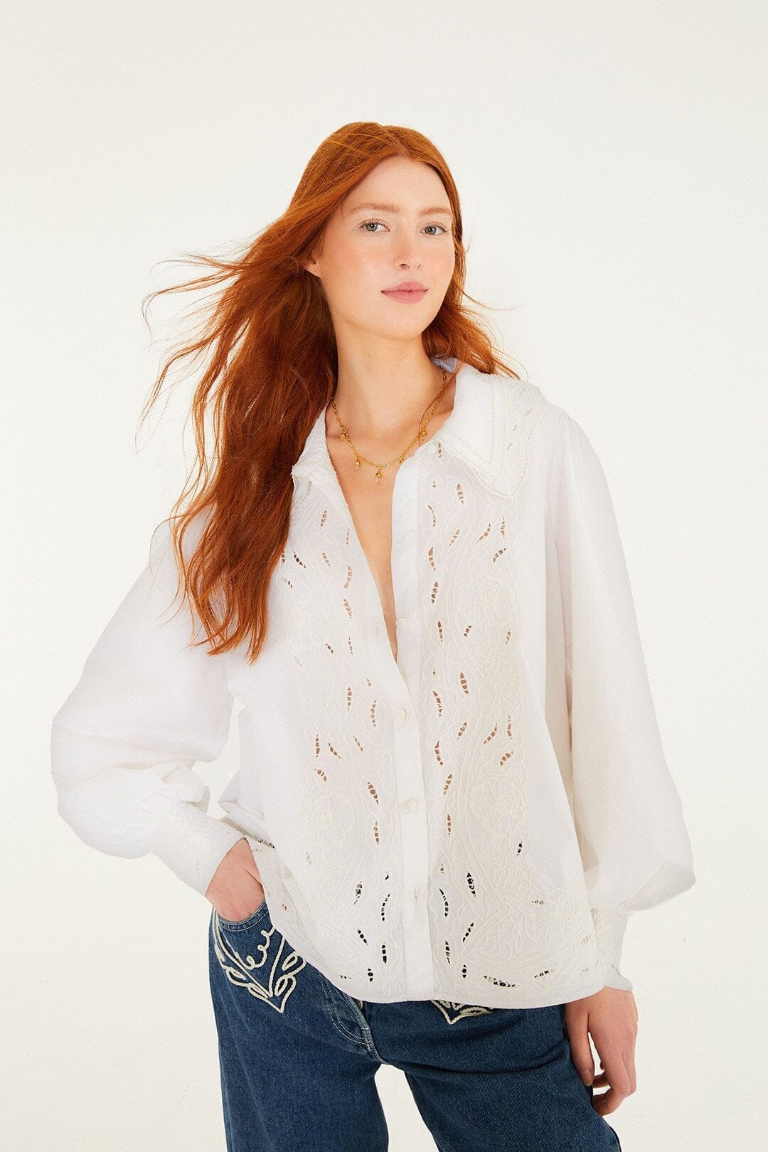 Off-White Embroidered Lace Buttoned Smocked Cuff Shirt - FARM Rio OFF-WHITE