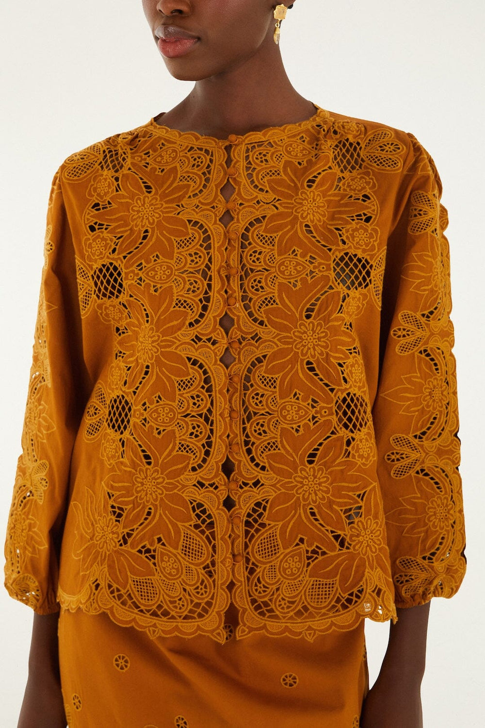 Camel Richelieu Long Sleeve Blouse - FARM Rio BROWN