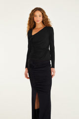 Black Flower Draped Side Slit Midi Skirt - FARM Rio BLACK