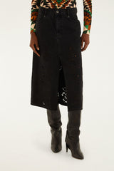 Black Denim Richelieu Front Slit Midi Skirt - FARM Rio DENIM