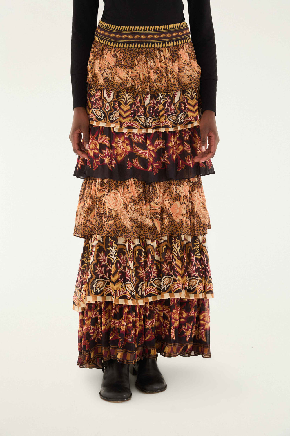 Mixed Scarves Ruffled Maxi Skirt - FARM Rio MIXED SCARVES