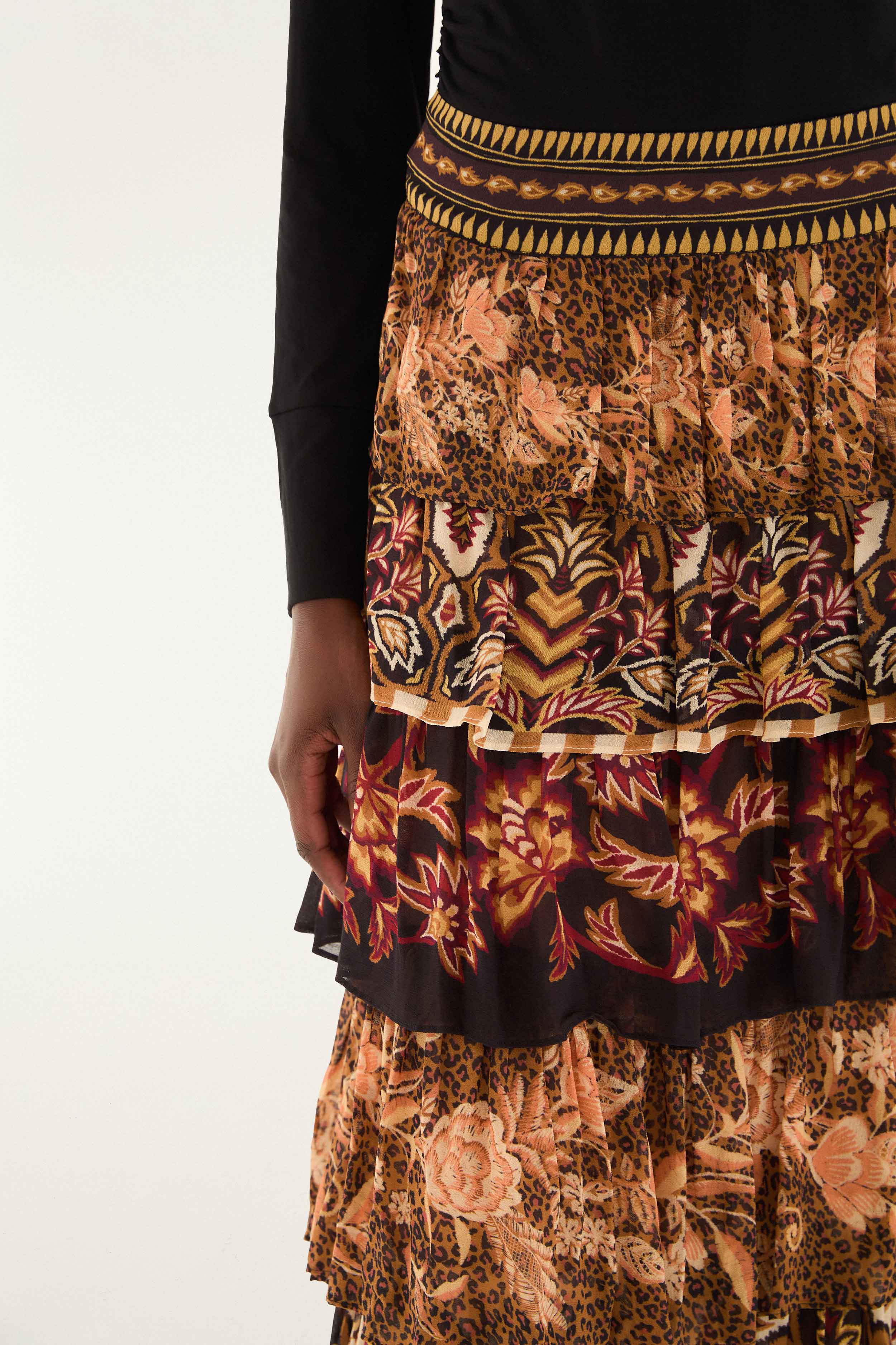 Mixed Scarves Ruffled Maxi Skirt - FARM Rio MIXED SCARVES