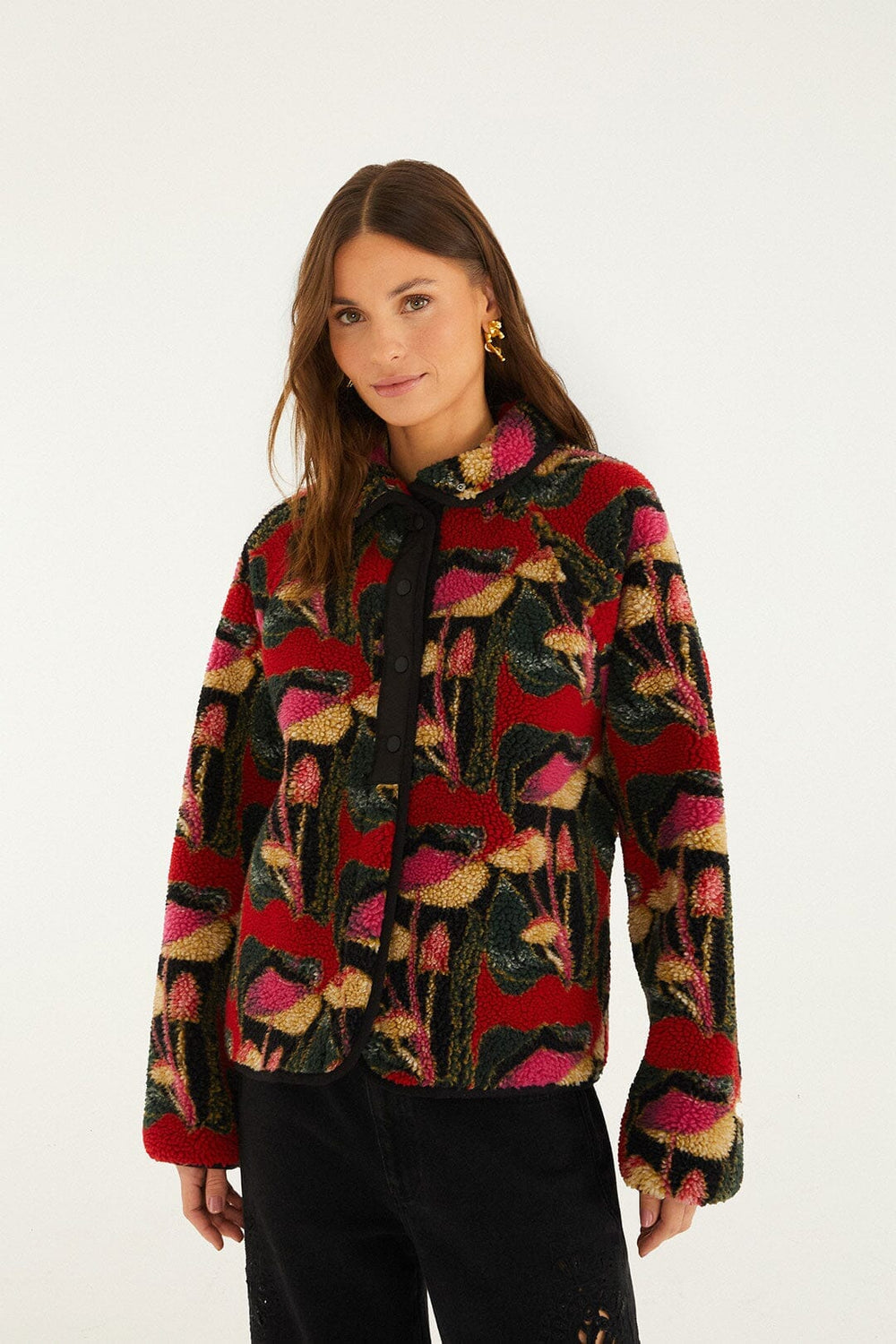 Black Wild Mushrooms Fleece Bomber Jacket - FARM Rio WILD MUSHROOMS BLACK