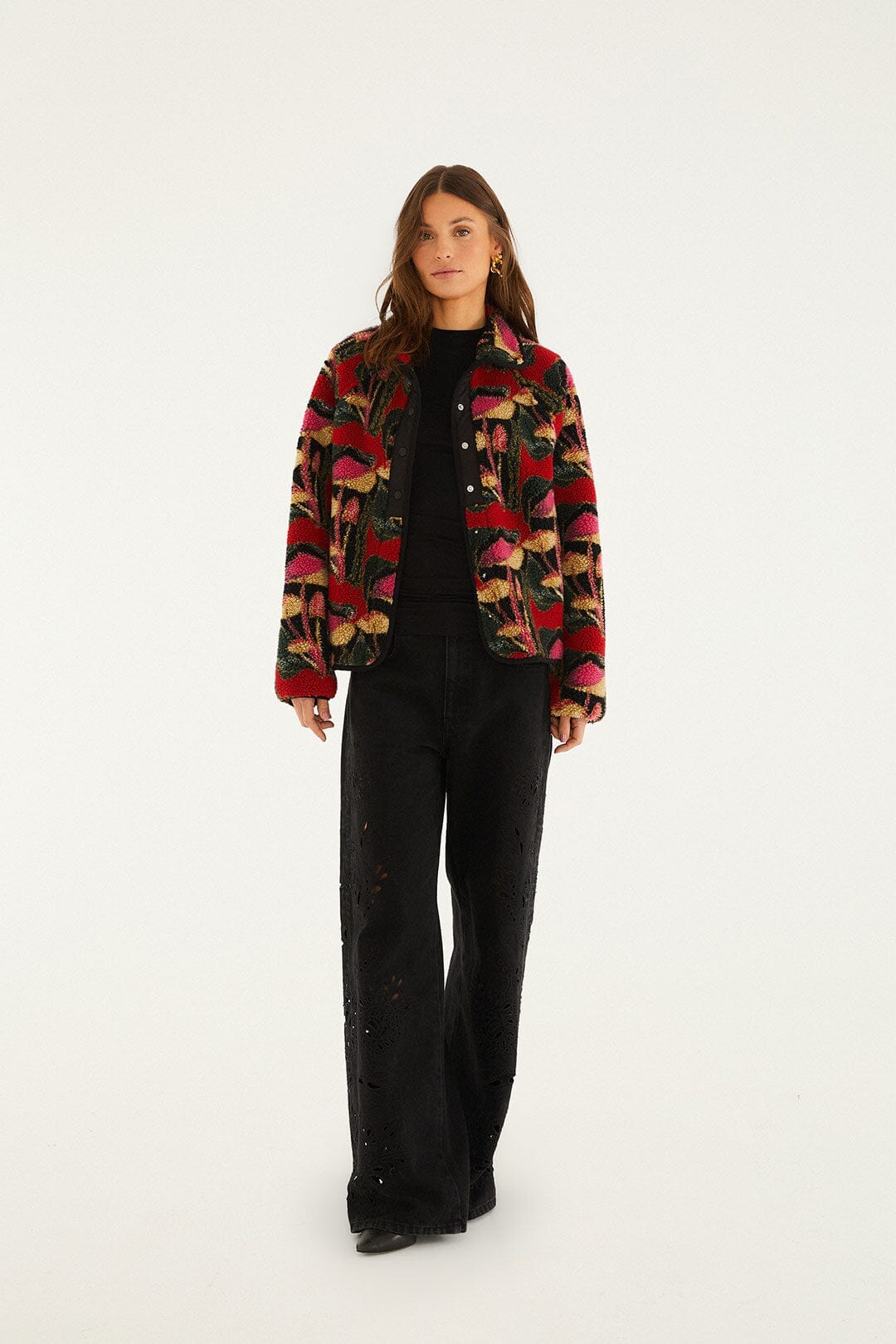 Black Wild Mushrooms Fleece Bomber Jacket - FARM Rio WILD MUSHROOMS BLACK