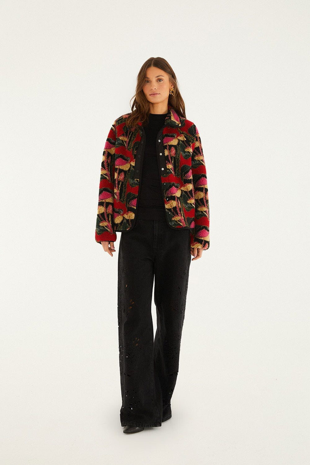 Black Wild Mushrooms Fleece Bomber Jacket - FARM Rio WILD MUSHROOMS BLACK