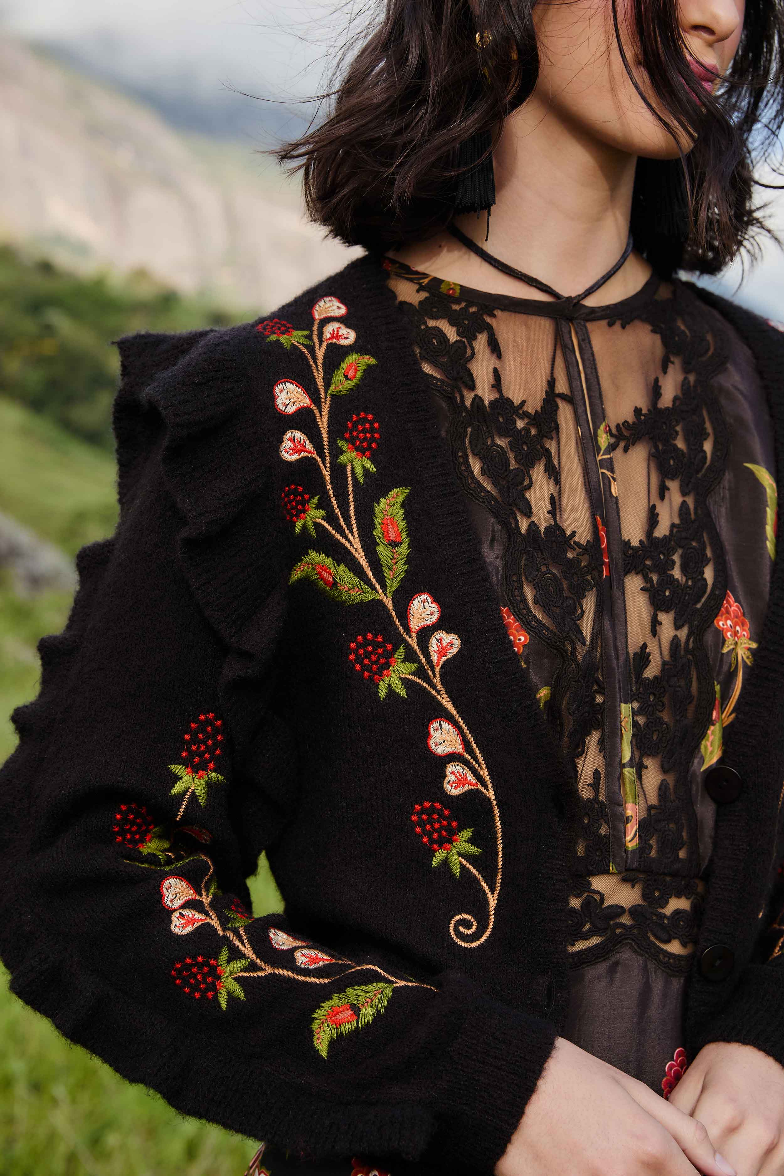 Black Berry Embroidery Knit Cardigan - FARM Rio BERRY EMBROIDERY BLACK