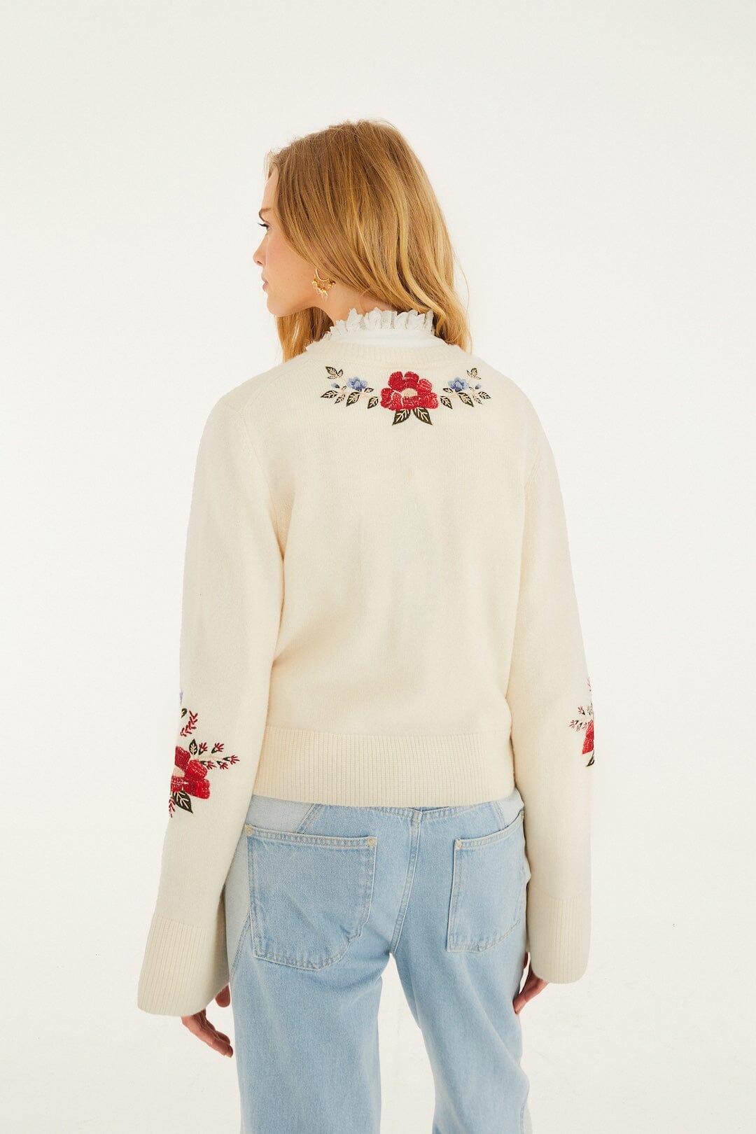 Cream Embroidered Flowers Buttoned Knit Cardigan - FARM Rio CREAM