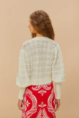 White Lace Stitch Knit Crop Cardigan - FARM Rio WHITE