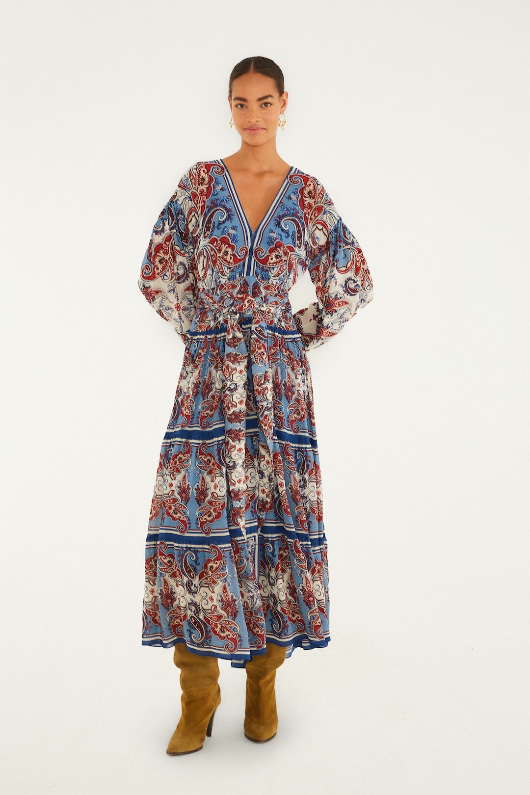 Blue Paisley Scarf Long Sleeve Maxi Dress - FARM Rio PAISLEY SCARF CREAM