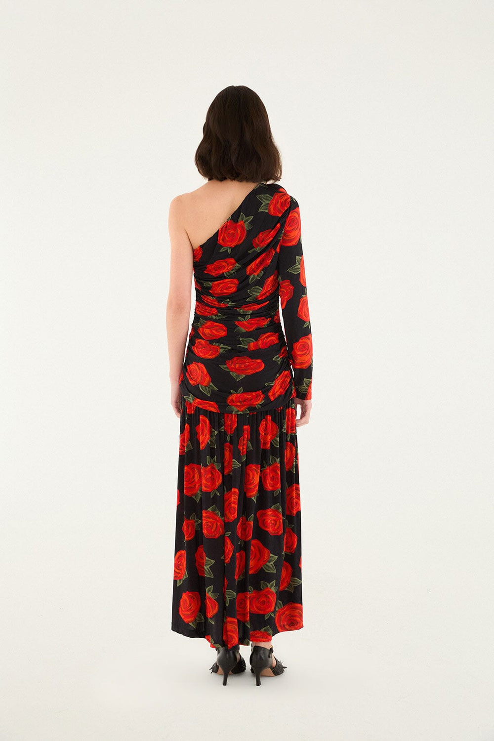 Black Latin Roses 3d Flower One-Shoulder Draped Maxi Dress - FARM Rio LATIN ROSES BLACK