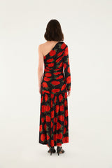 Black Latin Roses 3d Flower One-Shoulder Draped Maxi Dress - FARM Rio LATIN ROSES BLACK
