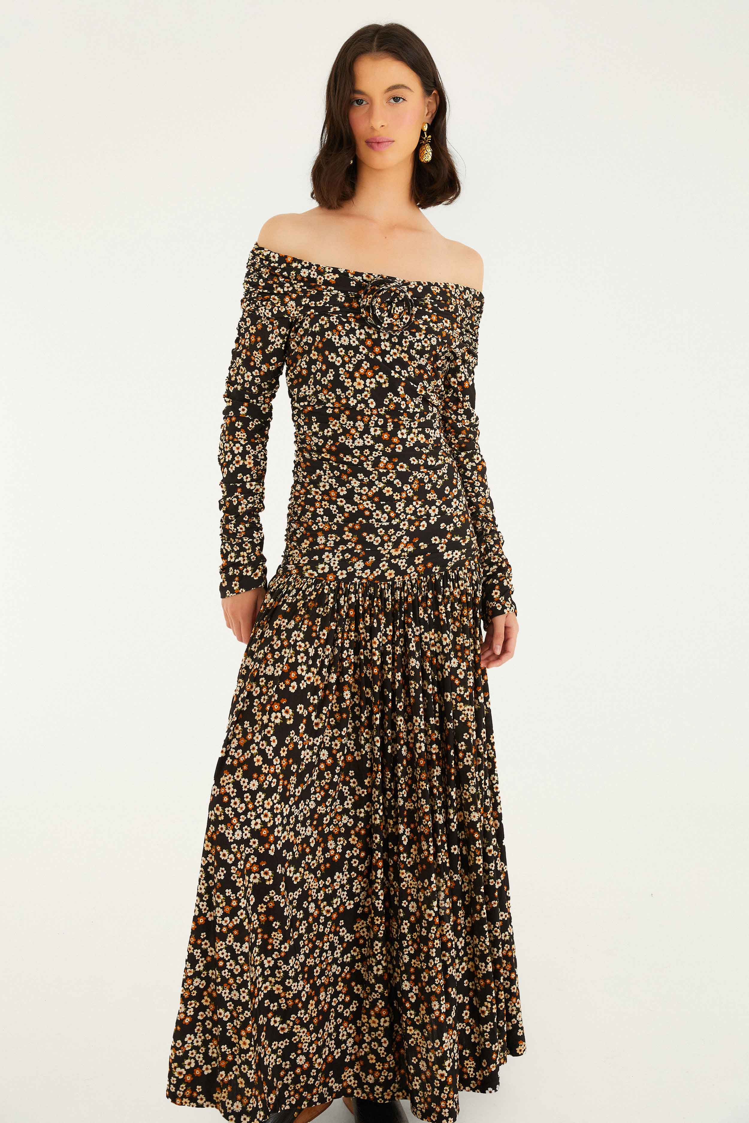 Black Tiny Flowers Long Sleeve Maxi Dress - FARM Rio TINY FLOWERS BLACK
