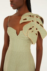 Green Striped 3d Monstera Leaf Euroflax Premium Linen Midi Dress - FARM Rio GREEN