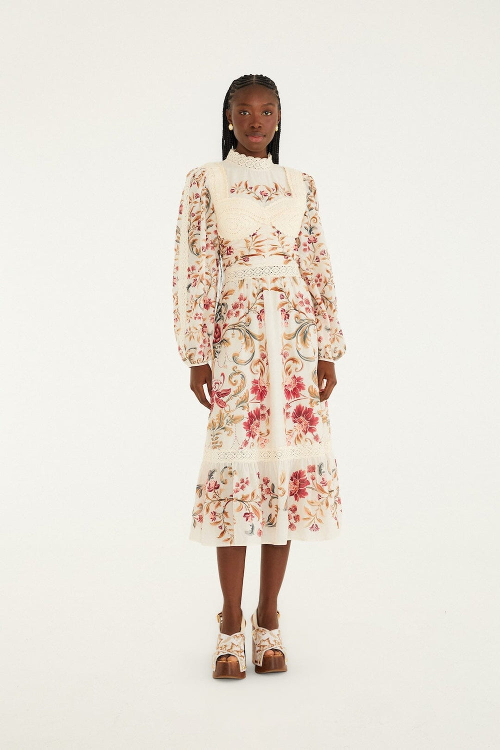 Cream Royal Garden Long Sleeve Crochet Midi Dress - FARM Rio MALU WINTER WHITE
