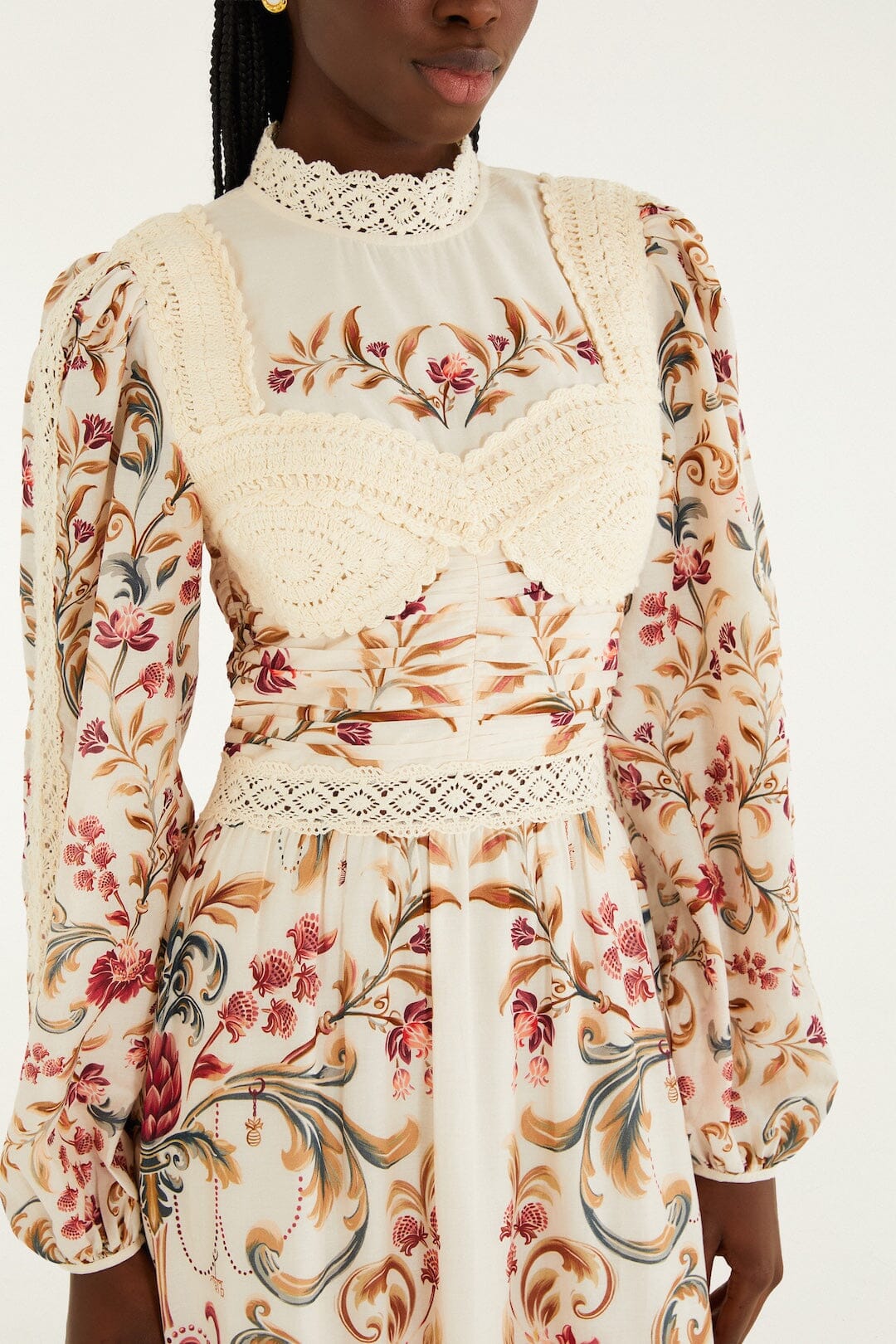 Cream Royal Garden Long Sleeve Crochet Midi Dress - FARM Rio MALU WINTER WHITE