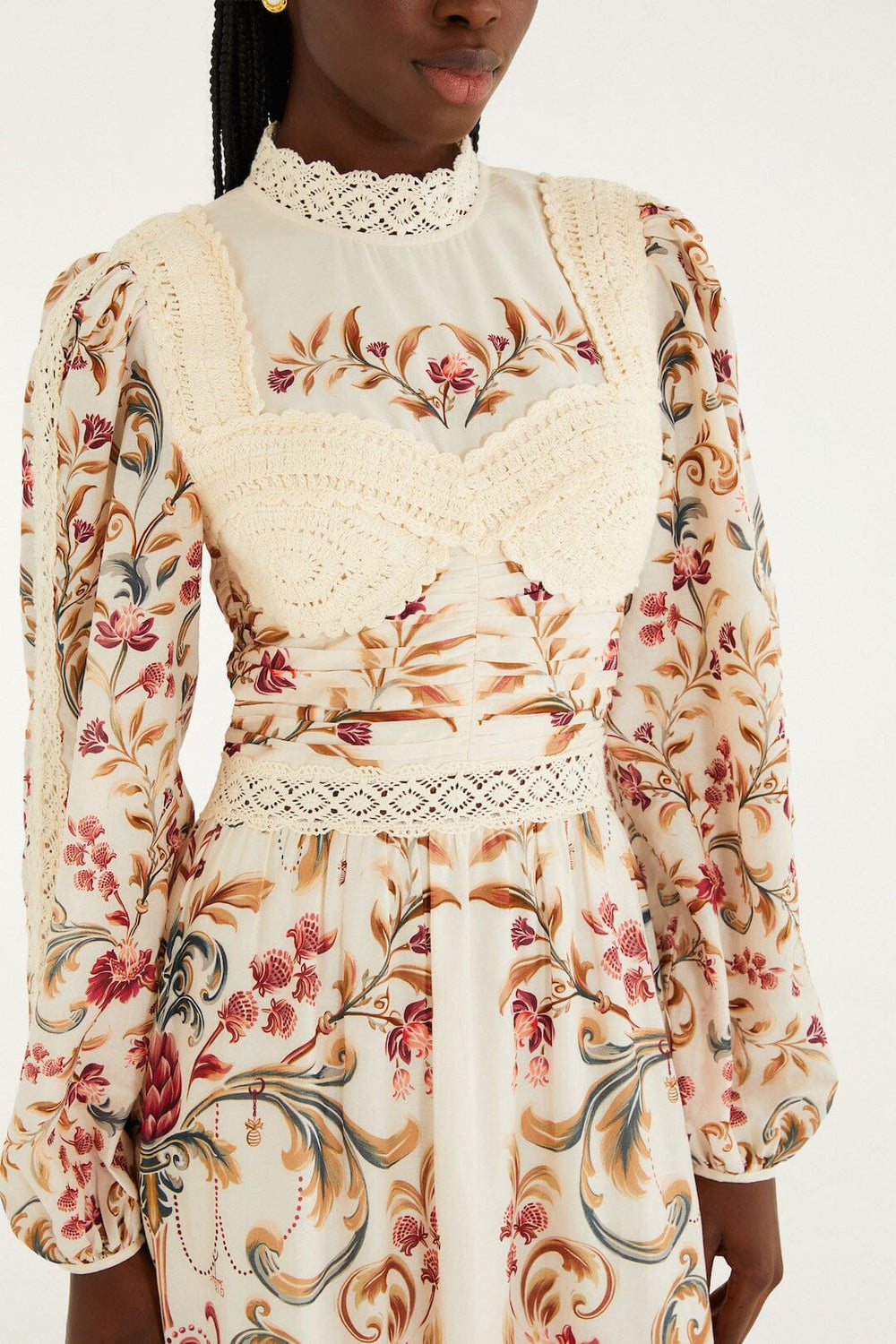 Cream Royal Garden Long Sleeve Crochet Midi Dress - FARM Rio MALU WINTER WHITE