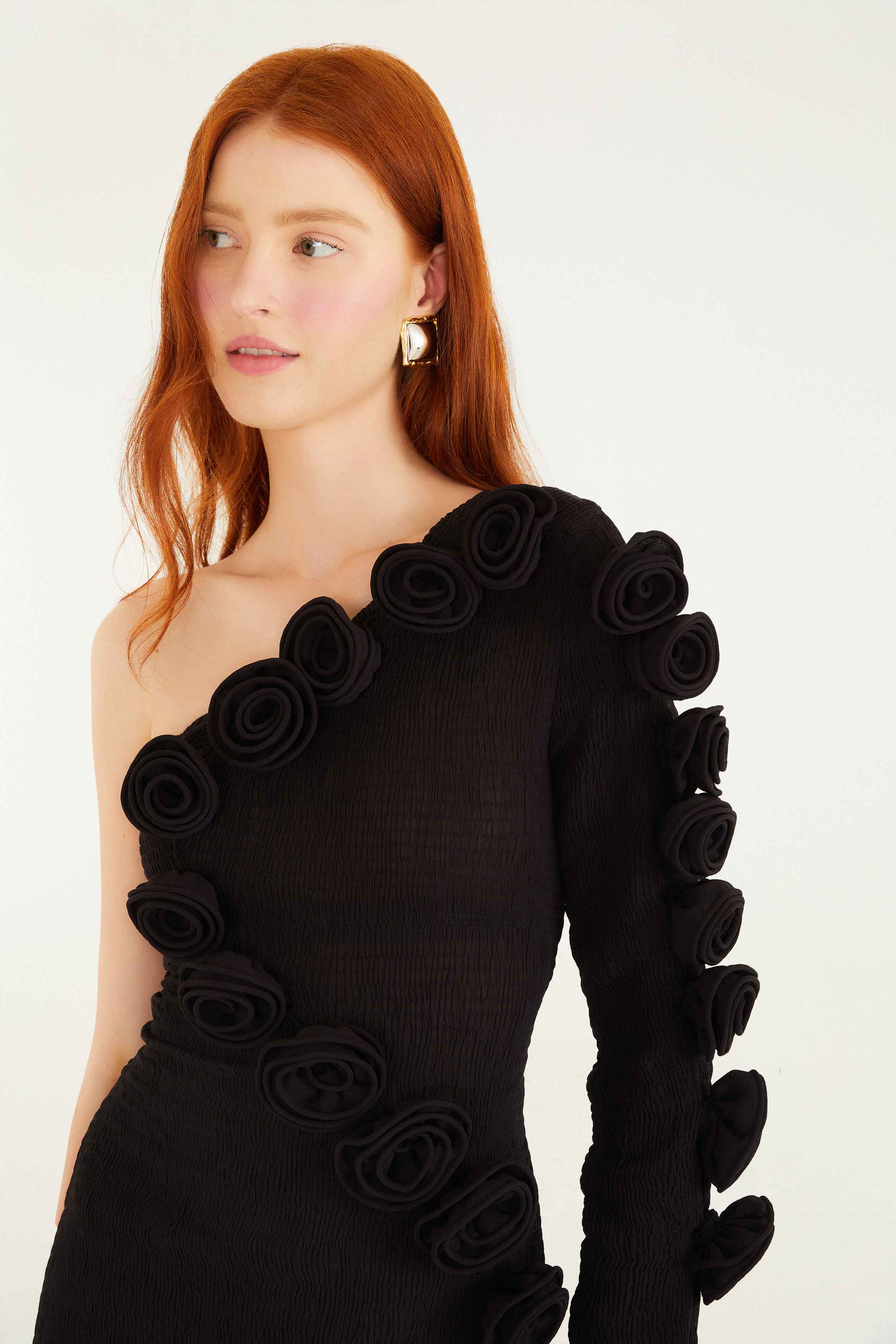 Black 3d Rose One-Shoulder Midi Dress - FARM Rio BLACK