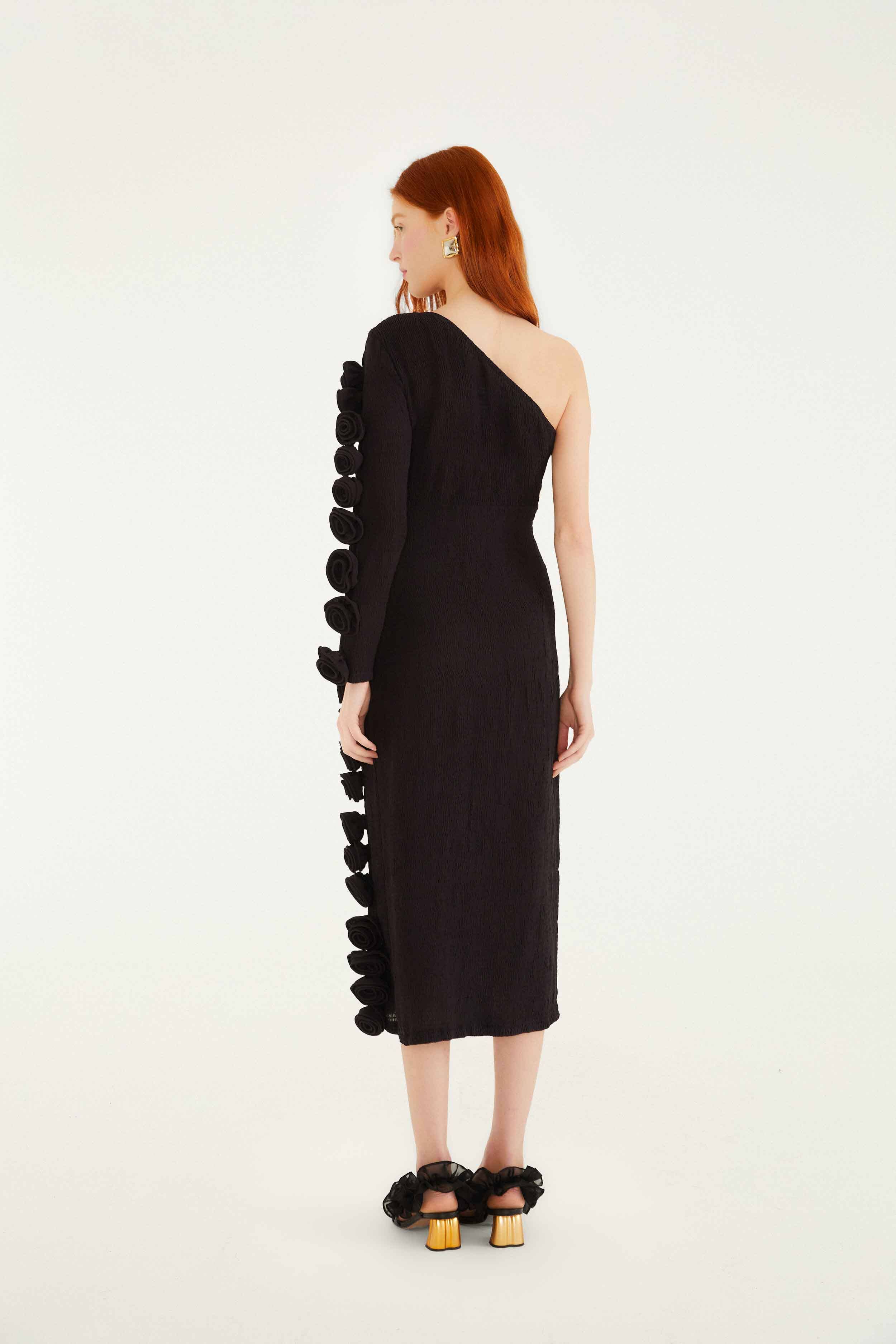 Black 3d Rose One-Shoulder Midi Dress - FARM Rio BLACK