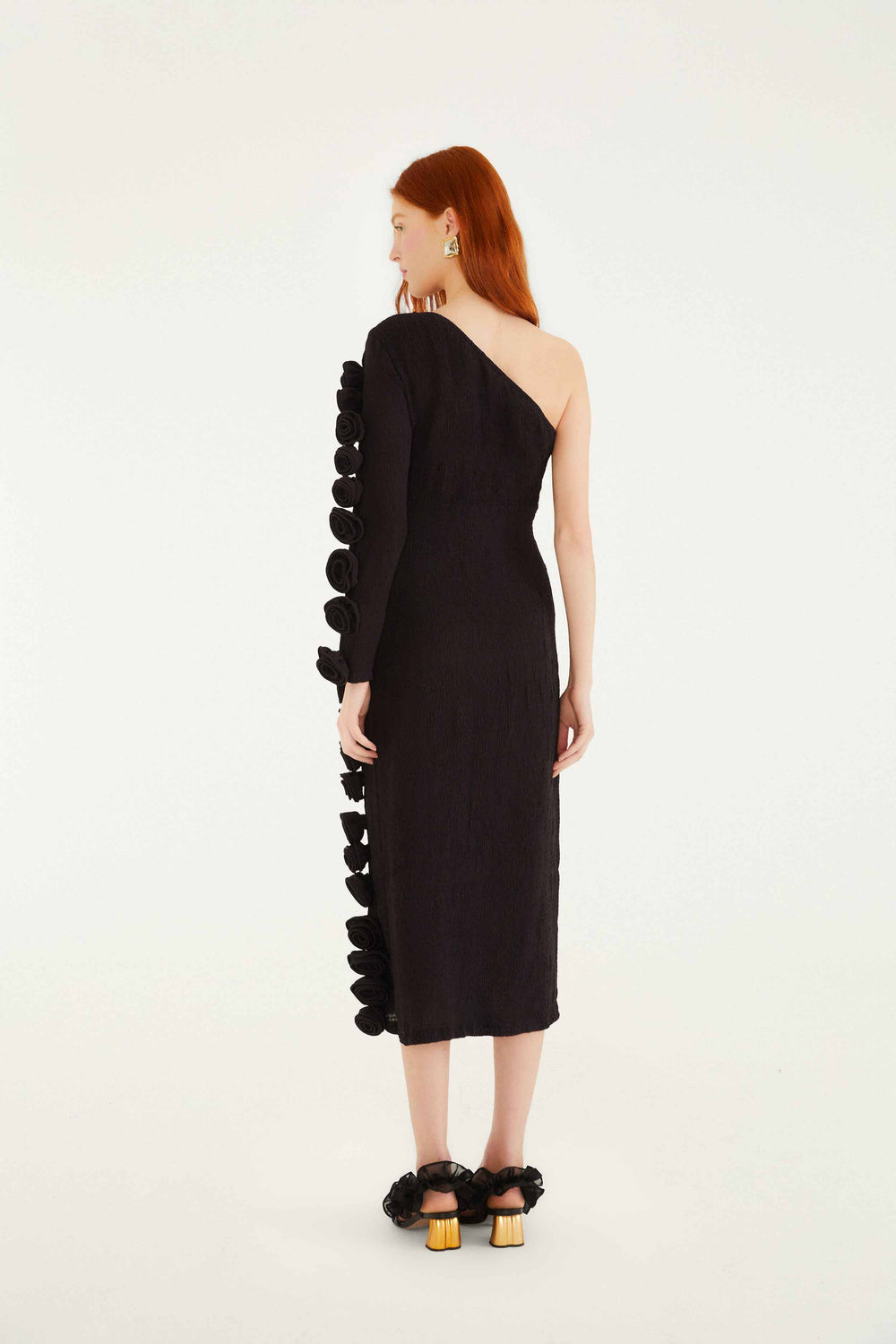 Black 3d Rose One-Shoulder Midi Dress - FARM Rio BLACK