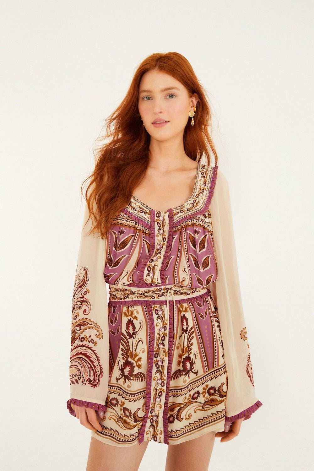 Sand Delicate Ainika Long Sleeve Belted Mini Dress - FARM Rio DELICATE AINIKA SAND