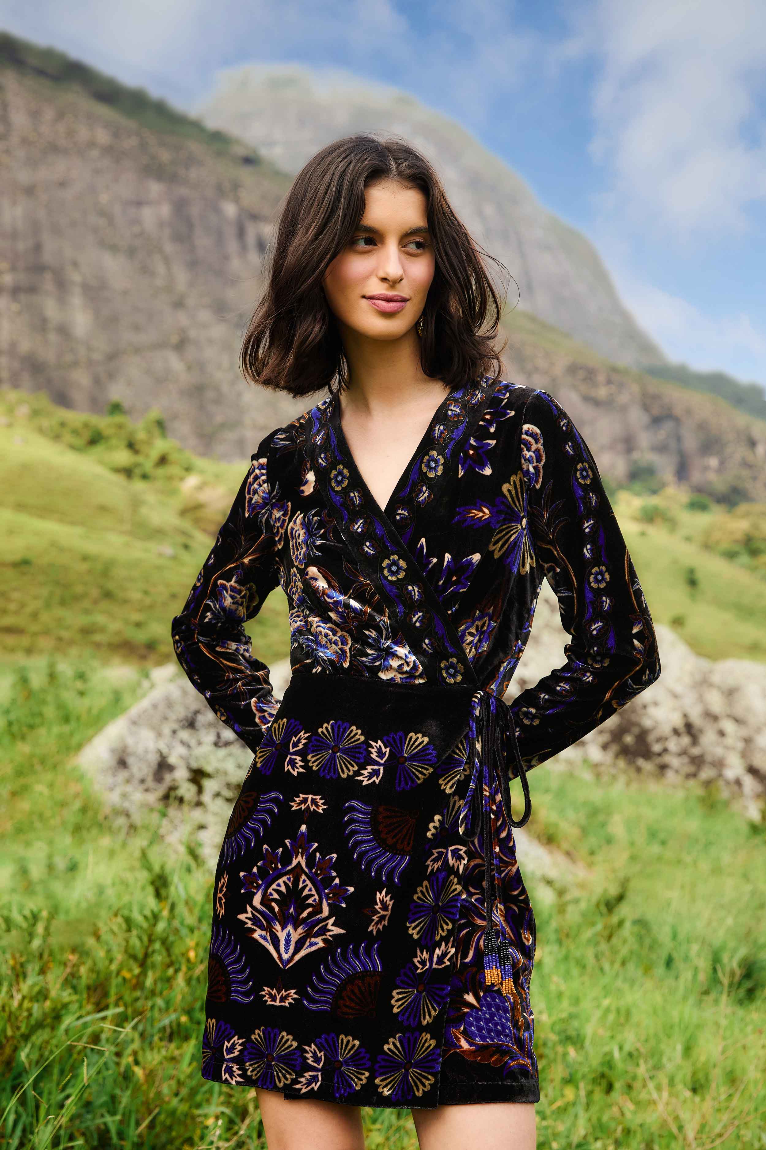 Black Arabesque Mix Scarves Wrap Mini Dress - FARM Rio ARABESQUE MIX SCARVES BLACK