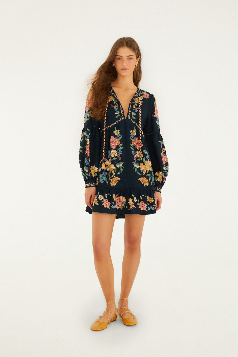 Dark Blue Maira Floral Lenzing Ecovero Euroflax Mini Dress - FARM Rio MAIRA FLORAL DARK BLUE