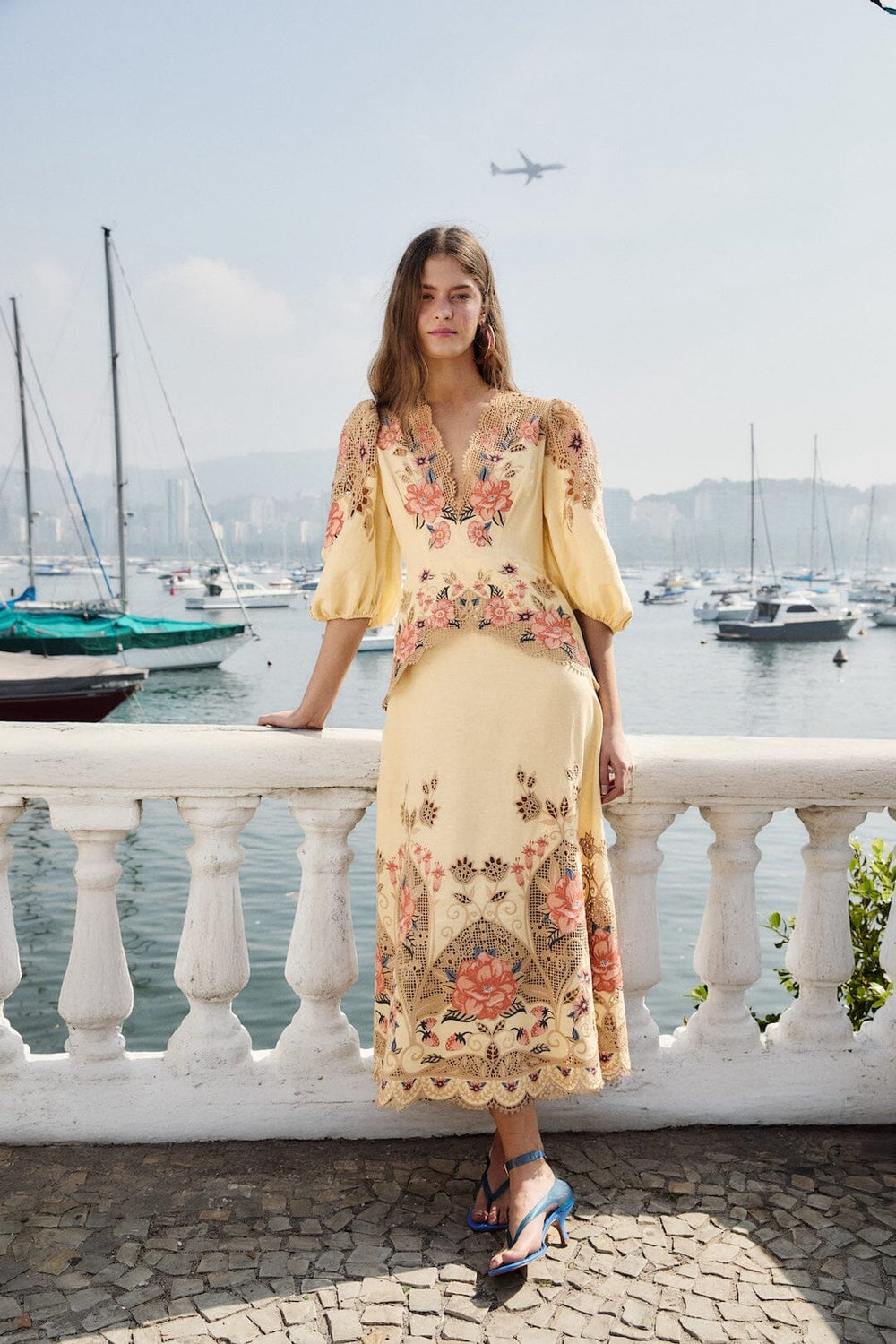Butter Yellow Embroidered Lenzing Ecovero Euroflax Midi Dress - FARM Rio FLOWER POETRY SAND