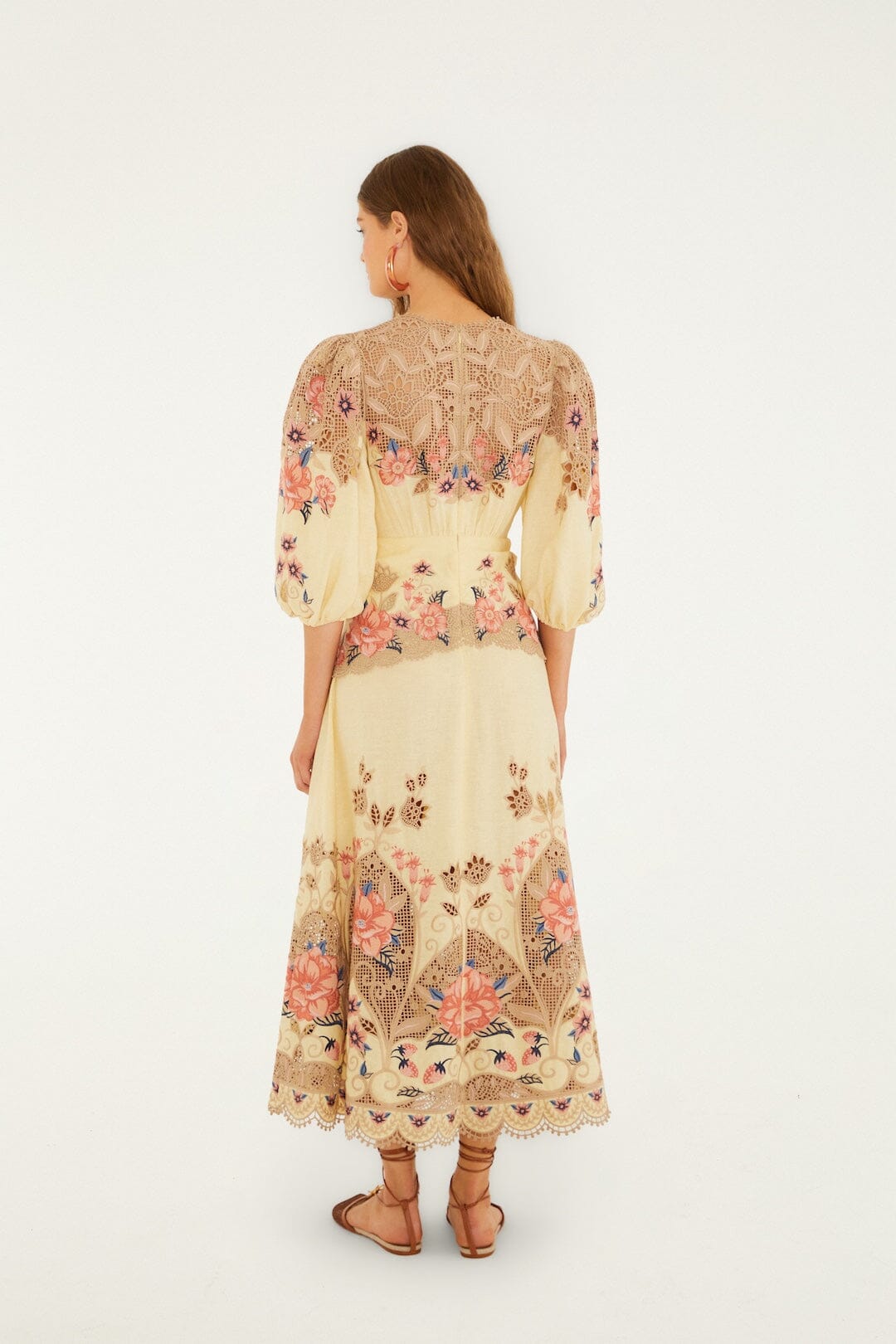Butter Yellow Embroidered Lenzing Ecovero Euroflax Midi Dress - FARM Rio FLOWER POETRY SAND