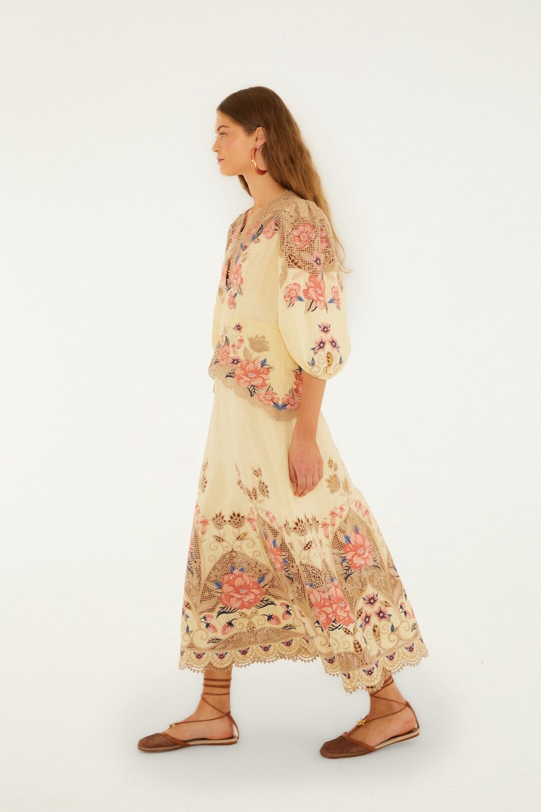 Butter Yellow Embroidered Lenzing Ecovero Euroflax Midi Dress - FARM Rio FLOWER POETRY SAND
