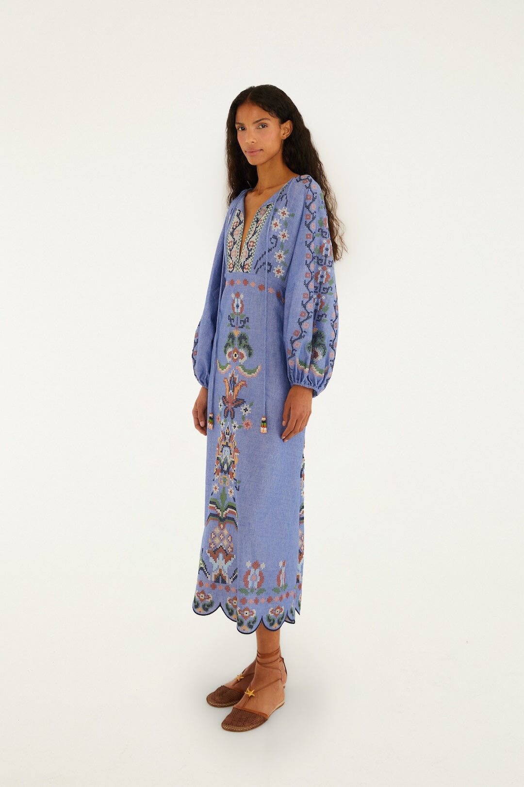 Blue Garden Tapestry Embroidered Long Sleeve Midi Dress - FARM Rio GARDEN TAPESTRY BLUE