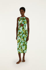 Green Anthurium Leaves Cut-Out Euroflax Premium Linen Midi Dress - FARM Rio ANTURIUM LEAVES GREEN