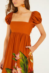Brown Hilo Arrangment Lenzing Ecovero Euroflax Midi Dress - FARM Rio HILO ARRANGMENT SAND
