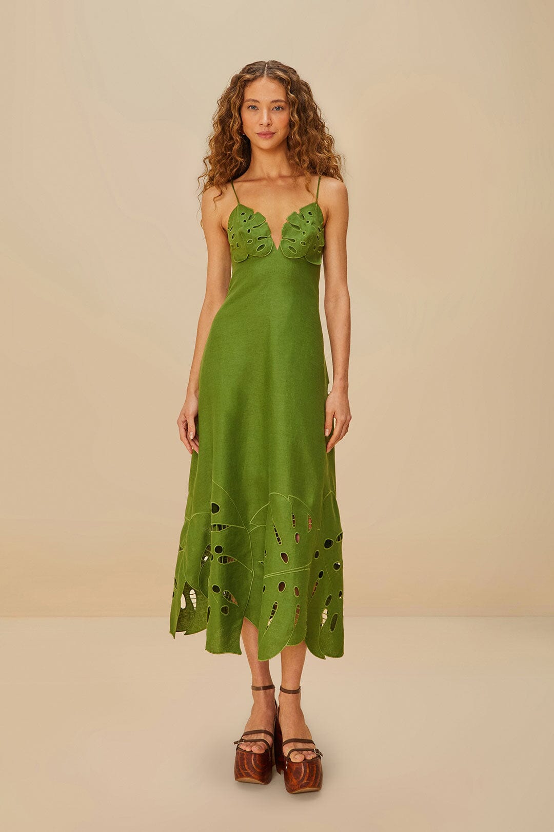 Green Monstera Embroidered Euroflax™ Premium Linen Midi Dress - FARM Rio GREEN