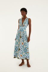 Off-White Flora Tile Scallop Euroflax Premium Linen Maxi Dress - FARM Rio FLORA TILE OFF-WHITE