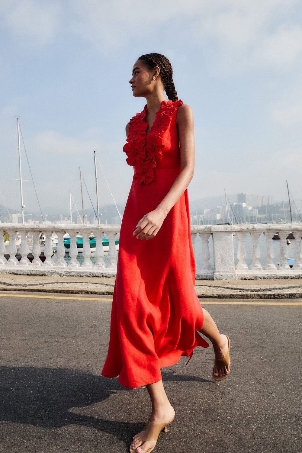 Red 3d Flower Euroflax Premium Linen Maxi Dress - FARM Rio RED