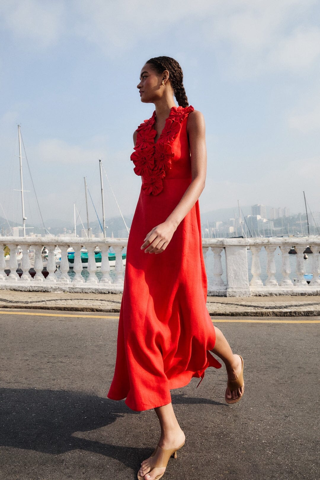 Red 3d Flower Euroflax Premium Linen Maxi Dress - FARM Rio RED