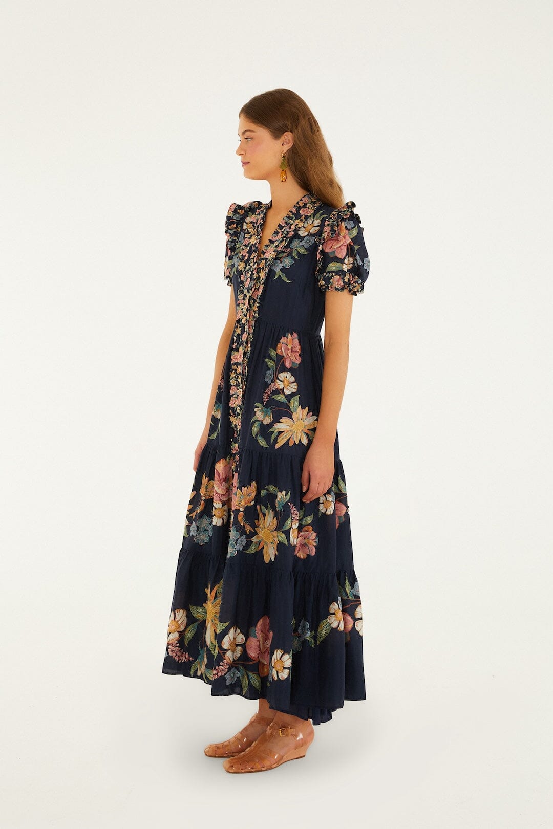 Dark Blue Maira Floral Short Sleeve Maxi Dress - FARM Rio MAIRA FLORAL DARK BLUE