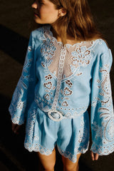 Light Blue Romantic Richelieu Euroflax Premium Linen Blouse - FARM Rio BLUE