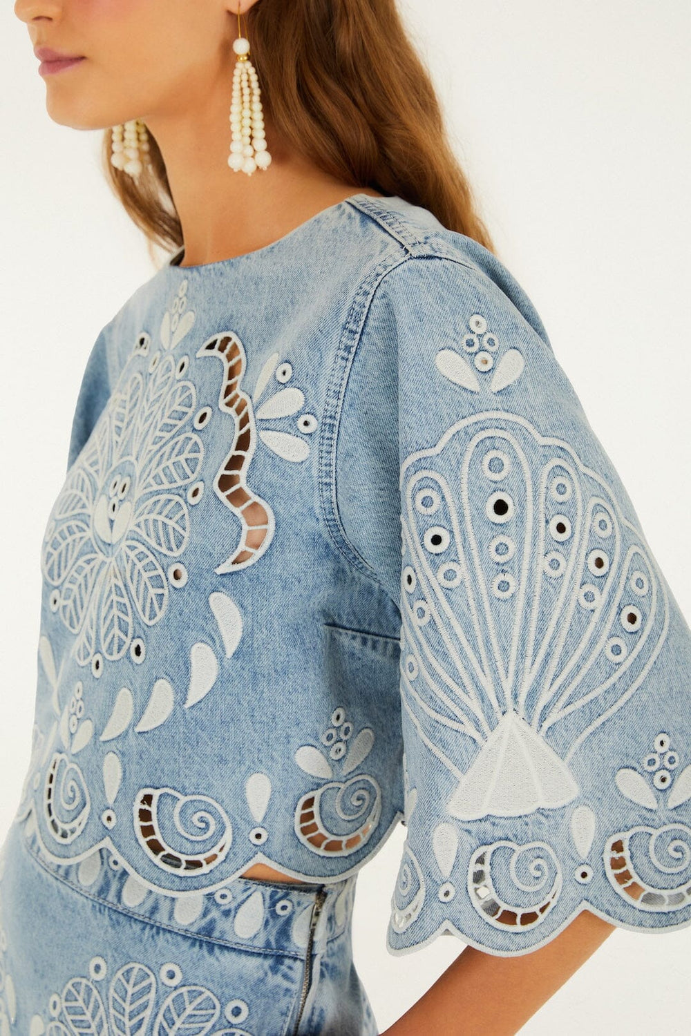 Denim Richelieu Kimono Sleeves Cropped Blouse - FARM Rio DENIM