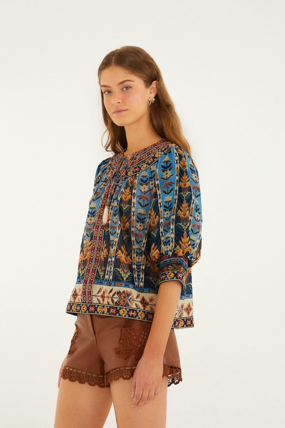 Blue Embroidered Tapestry Tassels Puff Sleeve Blouse - FARM Rio EMBROIDERED TAPESTRY BLUE