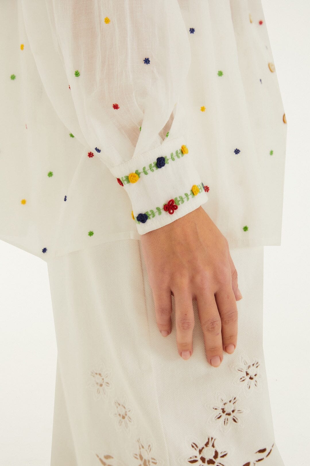 Off-White Embroidered Beads Organic Cotton Long Sleeve Blouse - FARM Rio OFF-WHITE