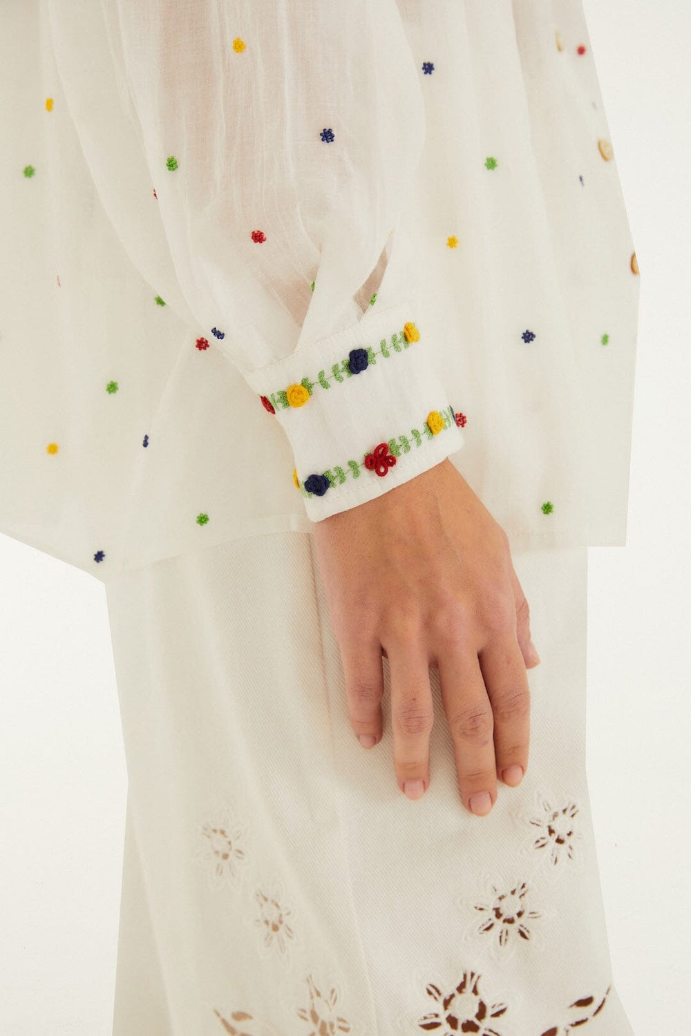 Off-White Embroidered Beads Organic Cotton Long Sleeve Blouse - FARM Rio OFF-WHITE