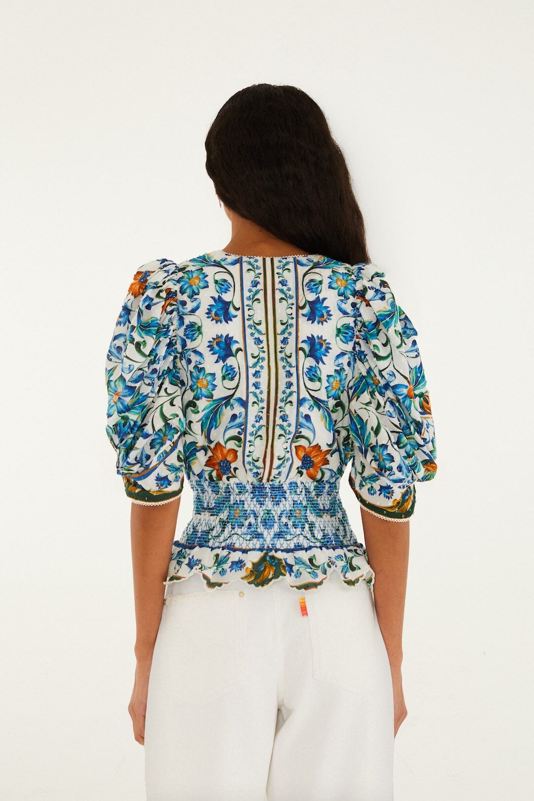 Off-White Flora Tile Smocked Organic Cotton Blouse - FARM Rio FLORA TILE OFF-WHITE